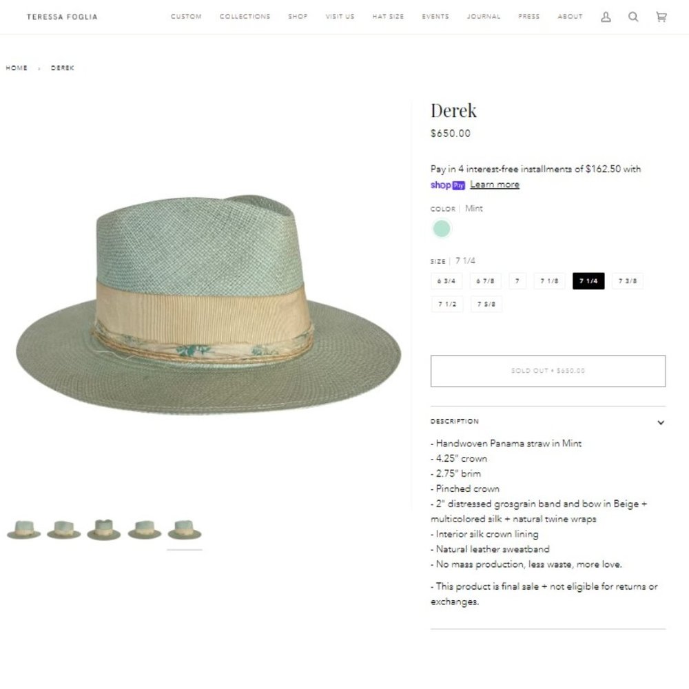 Brand New - Never Worn - In Oringal Box -Teresa Foglia Derek Hat 7 1/4